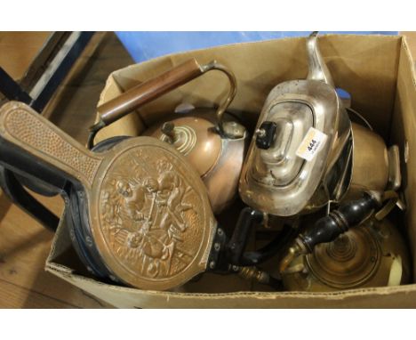 A box of metal ware to include 19th century copper kettle, bellows, a three piece EPNS tea service, and brass kettle 
