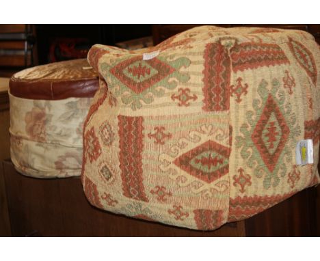 A modern geometric tapestry bean bag and vintage vinyl upholstered cylindrical pouffe