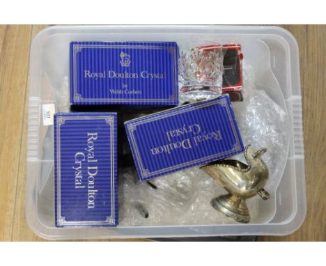 A box of mixed items including Royal Doulton crystal part table service (some boxed), a plated tea pot and a plated sugar hel