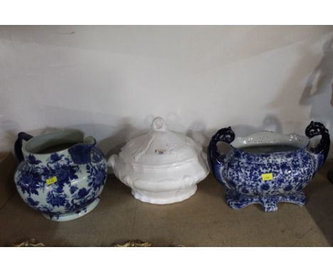 A Victorian ware Ironstone jug, a 2 handled planter of same make, and a modern Portuguese soup tureen with lid