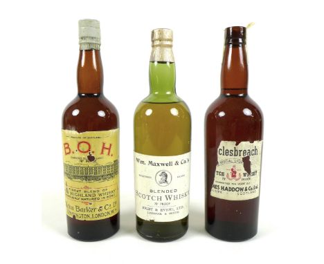 Three bottles of vintage whisky, comprising a John Barker &amp; Co Ltd 'Barker's Old Highland' Finest Blend whisky, 70% vol, 