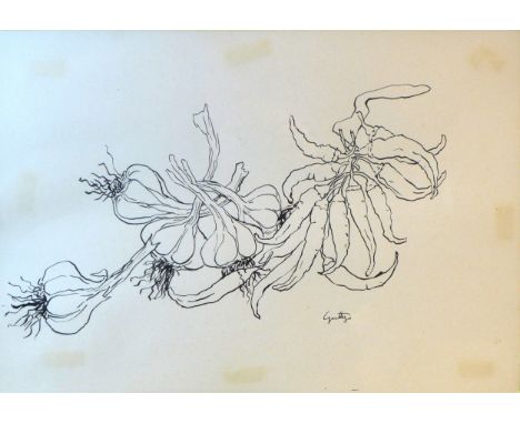 A large pen and ink drawing of garlic and chilli peppers, signed 'Guttyo' to the lower right, 35 by 50, framed and glazed, 71