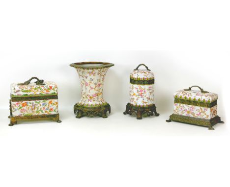 Four pieces of Chinese porcelain, late 20th century, with crackle glazed floral decorations, gilt metal mounts and bases, lar