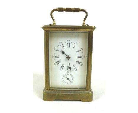 A French brass carriage clock, circa 1900, with white enamel dial, subsidiary seconds, 7.7 by 6.9 by 11.5cm high, in original