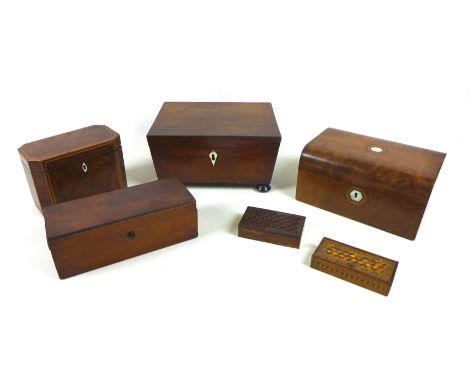 A group of six 19th century wooden boxes, including a tea caddy and sewing box, 23.4 by 28.5 by 14.5cm high. (6)