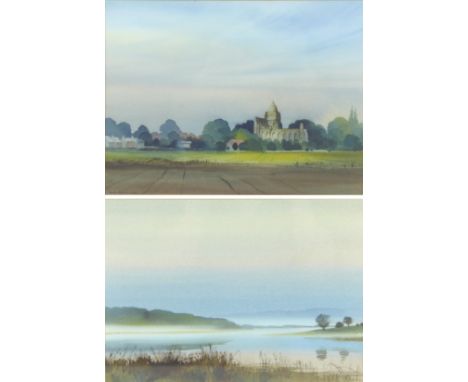 Peter Akin (British, 20th century): Two landscape watercolours, the first looking out over fields, with a church and small vi