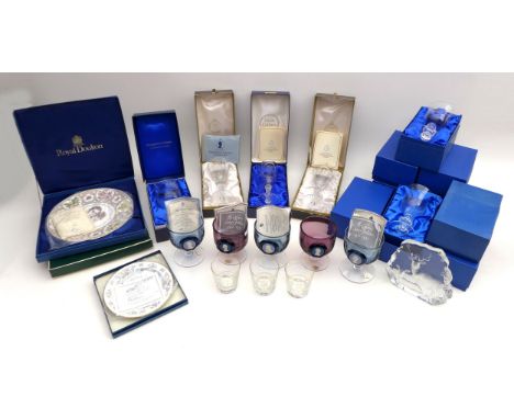 A large collection of commemorative china and glassware, including a group of Wedgwood glass goblets with applied Jasper came