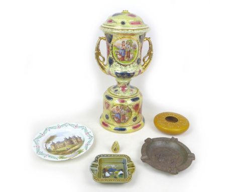 A group of 20th century ceramic items, comprising a Royal Vienna twin handled urn, with stand and cover, central panels on ur