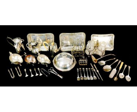 A collection of silver plate, including a Mappin &amp; Webb coffee pot and two others, two lidded serving dishes, a large sau