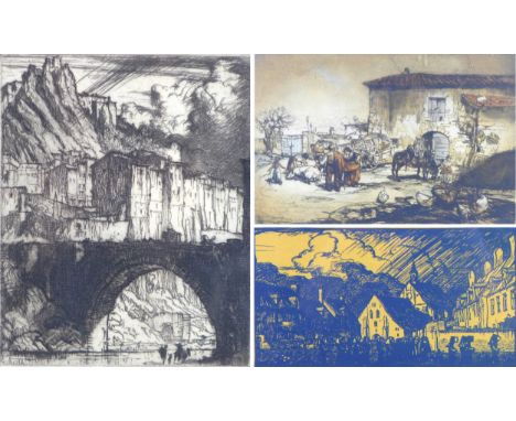 A group of three etchings, comprising a Frank Brangwyn (British, 1867-1956) etching, 'Sisteron, Italy', unsigned, 15 by 12cm,