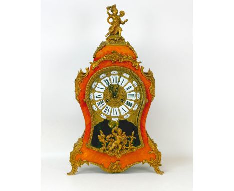 A large Louis XIV style continental mantel clock by Franz Hermle & Sons, with Roman numeral dial, satinwood inlaid case, gilt