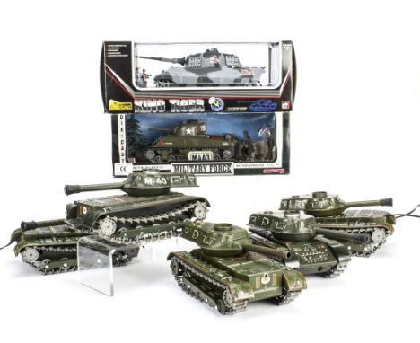 Large scale Military Fighting Vehicles including New Ray M4A3 Sherman tank and Toy Mark King Tiger,  both as new in boxes, Mo