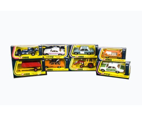 1970s Corgi Toys, 411 Mercedes-Benz 240D Taxi, 54 Massey Ferguson MF 50B Tractor with Shovel, 285 Mercedes-Benz 240D, 429 Pol