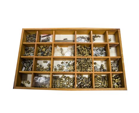 A tray of mainly Meccano brass items, including Fork pieces, gears, various couplings, cranks, Dog clutches, collars, univers