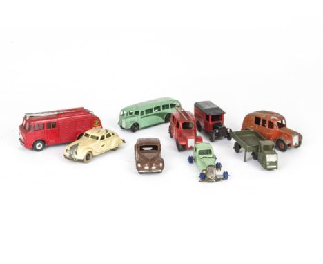 Dinky Toys, including 259 Fire Engine, 29e Single Deck Bus, light green body, dark green flash, 34b Royal Mail Van, 25h Strea