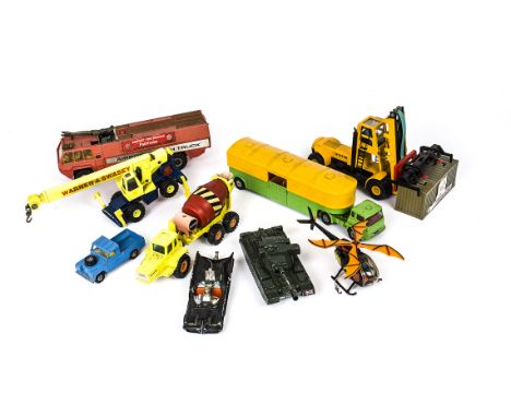 Playworn 1960s-80s Corgi Toys, including 107 Batboat, 1146 Scammell Carrimore Tri-deck Car Transporter, 1128 Priestman Cub Sh