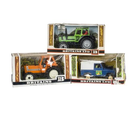 Britains No.9528 Fiat 880DT Tractor, No.9526 Deutz DX110 Tractor, No.9571 Farm Land Rover, in original boxes, E, boxes F-G, c