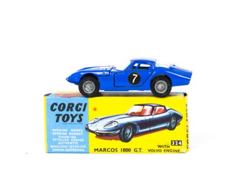 A Corgi Toys 324 Marcos 1800 GT, blue body, white bonnet stripes, light blue interior, wire wheels, in original box with club