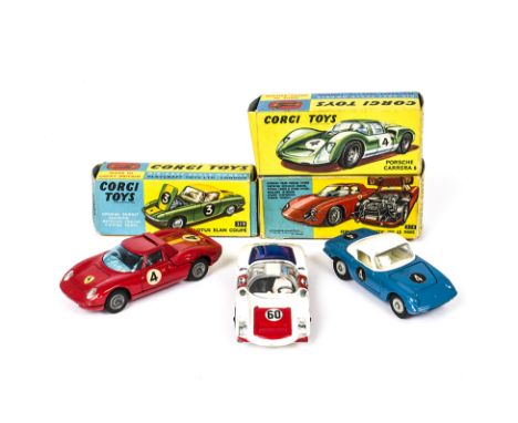 Corgi Toys Competition &amp; Sports Cars, 330 Porsche Carrera 6, 319 Lotus Elan Coupe, blue body, white roof, 314 Ferrari Ber