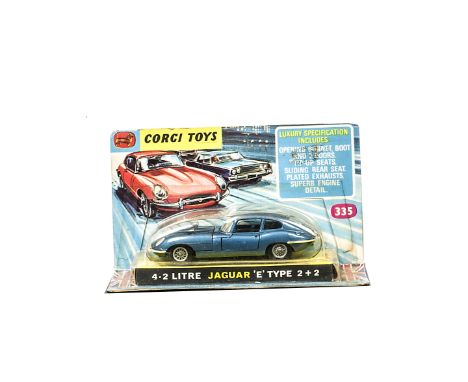 A Corgi Toys 335 Jaguar 4.2 Litre E-Type, metallic blue body, black interior, spoked wheels, in original bubble pack, E, box 