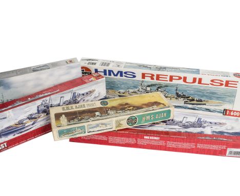 Airfix Naval Model Kits, a boxed group of 1:600 scale models including  03204-9 HMS Ajax, 06206 HMS Repulse, 04214 HMS Manxma