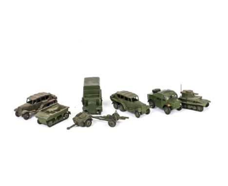 Military Dinky Toys, 152a Light Tank, 162 18 Pounder Field Gun Set, 151b 6-wheel Covered Wagon, 152b Reconnaissance Car (2), 