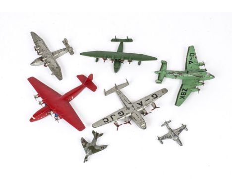 Dinky Toy Aircraft, 60w Flying Boat, green, no markings, red plastic roller, similar example in silver, brass roller, 62y Gia