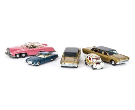 Dinky Toys 100 Lady Penelope's FAB1, 107 Stripey The Magic Mini, with Corgi Toys 262 Lincoln Continental (2), 241 Ghia L6.4, 