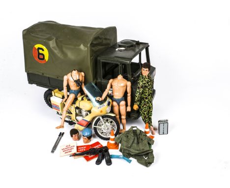 Vintage Action Man, including Police Motorcycle, Military Truck, various uniforms in bags, U.N Peace Force, 17th/21st Lancers
