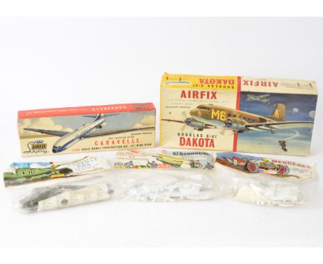 Postwar Airfix Kits, boxed models including SK400 Caravelle 1:144 scale, 483 Douglas Dakota 1;72 scale and 472 Dennis Fire En