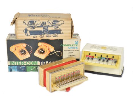 Playcraft and other makers 1960's Toys,  Playcraft Inter-Com Telephone Set and battery operated Piano Bell Organ, unbranded A