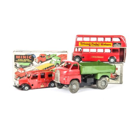 Tri-ang Minic Tinplate Clockwork Toys, Double Decker Bus, red body, 'Tri-ang Pedal Motors' and 'Penguin/Frog' advertising, Fi