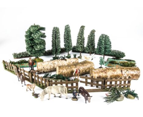 Elastolin composition 60mm scale farm workers (2), animals (4), tree, pre WW2 Hornby 0 Gauge trees (5), pre WW2 postman, cow 