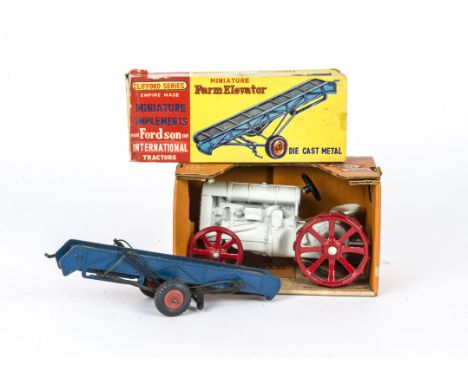 A Clifford Series (Empire Made) Miniature Farm Elevator, dark blue diecast body, orange hubs, with Ertl #804 Antique Fordson 