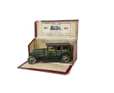 A Pre-War Moko Tinplate Clockwork Limousine, green and black lithographed body, chauffeur, opening side hoods with moving pis