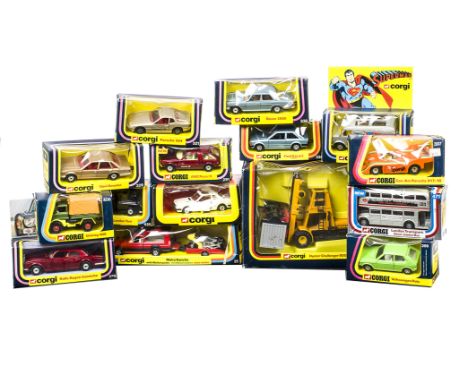 1970s-80s Corgi Toys, including 25 Matra Rancho with Motorcycles, 435 Superman Van, 321 Porsche 924, 334 Ford Escort, 338 Rov