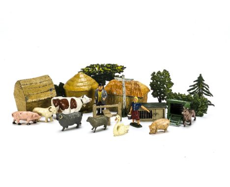 Collection of lead farm animals and accessories by Hilco, Taylor, Wend al etc, trees (6), bushes (4), Haystacks (3), animals 