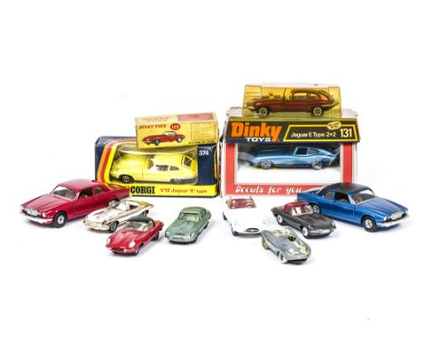 Jaguars by Various Makers, Dinky Toys 120 Jaguar E-Type, 131 Jaguar E-Type 2+2, Corgi 374 V12 E-Type, Polistil E2001 XKE 4.2 