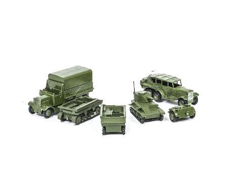 Pre &amp; Early Post-War Military Dinky Toys, 152a Light Tank, 152b Reconnaissance Car, smooth hubs, 151b 6-wheel Covered Wag