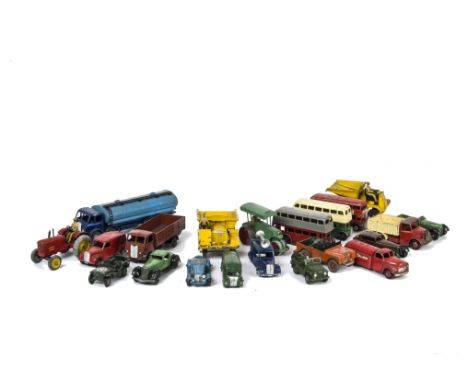 Playworn Dinky Toys, including 504 Foden 14-Ton Tanker, Muir Hill Dumper (2), Streamlined Coach, Double Deck Bus (2), Loud Sp