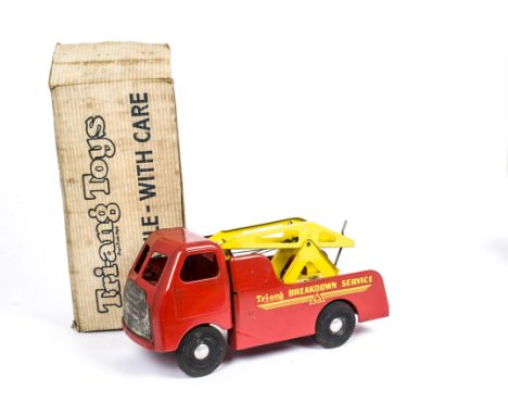 A Tri-ang Toys Pressed Steel Diesel Breakdown Lorry No.6014, red cab and back, yellow jib, black toolbox with three tools, ba