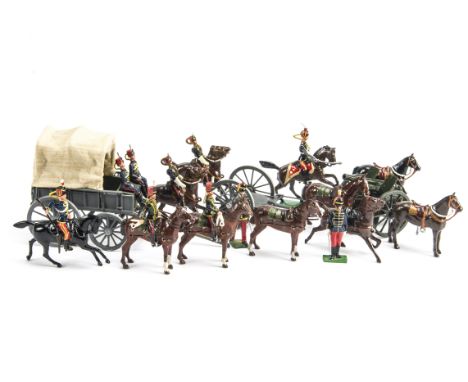 Repainted and / or converted military figures, mostly Britains, including foot (8) and mounted (6), 11th Hussars,  Hussar hor