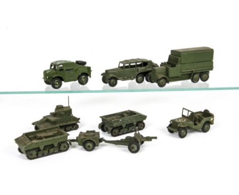 Military Dinky Toys, 153a Jeep, 152a Light Tank, 162 18 Pounder Field Gun Set, 151b 6-wheel Covered Wagon, 152b Reconnaissanc