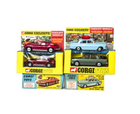 A Corgi Toys 341 Mini Marcos GT 850, 275 Rover 2000 TC, 236 Austin A60 Deluxe Saloon Motor School Car, 310 Chevrolet Corvette