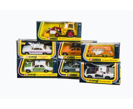 1970s Corgi Toys, 430 Porsche 924 'Police', 411 Mercedes-Benz 240D Taxi, 54 Massey Ferguson MF 50B Tractor with Shovel, 285 M