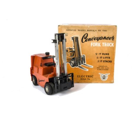 A Victory Models 1/14 Conveyancer Fork Lift, orange plastic body with three pallets, three cardboard crates, plastic barrel, 