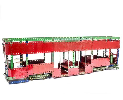 A large scale Meccano built Double Deck open top Tram, constructed mainly using 1950s red and green girders and plates, two b