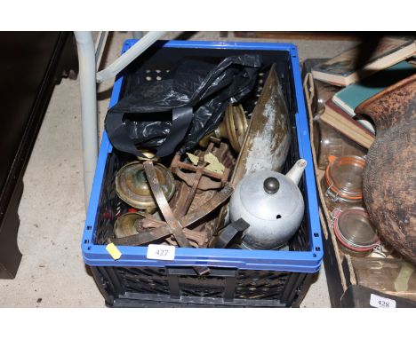 A box of miscellaneous metalware to include scales, brass candlesticks etc.