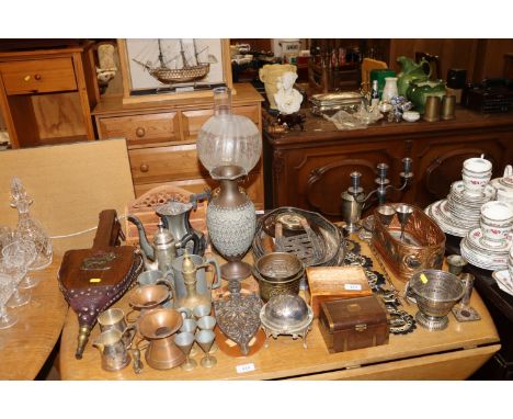 Two pairs of vintage bellows; various metalware including painted candelabra; an inlaid box; copper planter; horse brasses; t