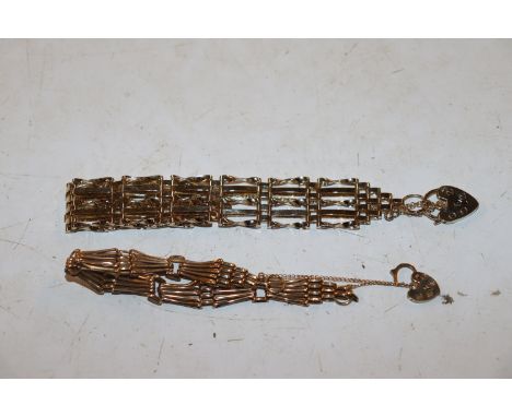 A 9ct gold gate link bracelet with padlock clasp, 7gms; and a gate link bracelet with padlock clasp 